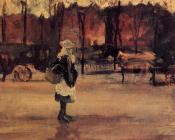 文森特 威廉 梵高 : 一个女孩在街上，背景有两个车厢